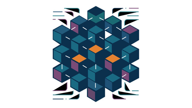 AI-generated vector illustration of a big data icon featuring a cluster of interconnected 3D cubes, representing blockchain technology, complex data analytics, and digital information storage.