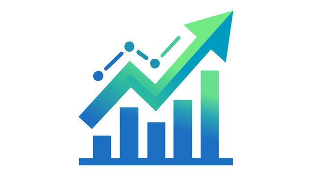 Professional vector icon illustration of a rising business growth chart with bar graphs and a line graph arrow pointing upwards in a blue and green gradient for data analytics and success.