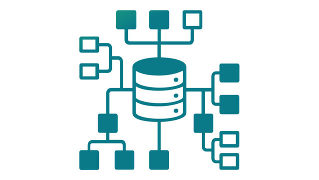 Green gradient vector icon illustration of a central database server connected to multiple data nodes, representing data collection, network architecture, information storage, and analytics.