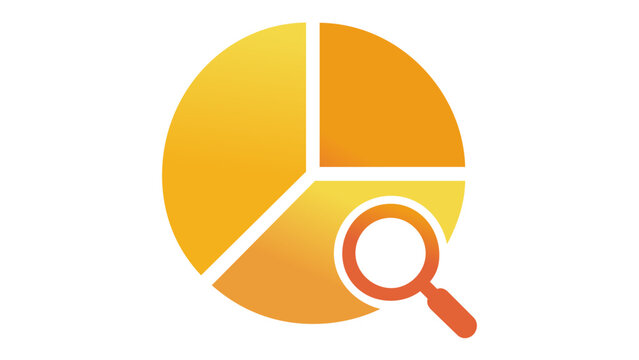 Vibrant orange and yellow gradient vector icon illustration of a circular pie chart with a magnifying glass, symbolizing market research, data analysis, business statistics, and insights.