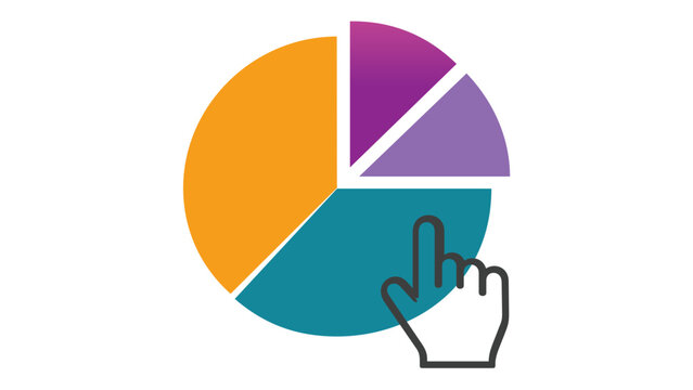 Colorful vector illustration of a pie chart with four segments and a hand cursor icon pointing to a data slice, representing interactive analytics, business statistics, and financial reporting.