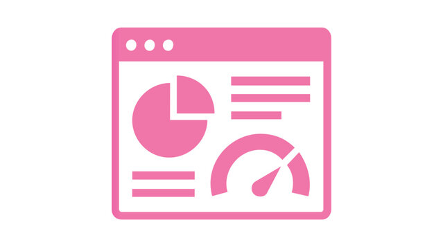 Modern data analytics vector icon illustration featuring a web browser dashboard with a colorful pie chart, performance gauge, and statistical bars in a vibrant purple to pink gradient design.