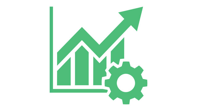 Professional vector icon illustration featuring a bar graph with a rising arrow and a gear symbol, ideal for data analytics, business growth, performance optimization, and financial reporting.