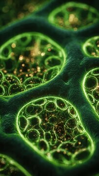 Microscopic Cellular Structure with Green Glow