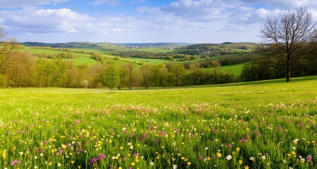 Fototapeta premium spring landscape panorama with flowering flowers on meadow 