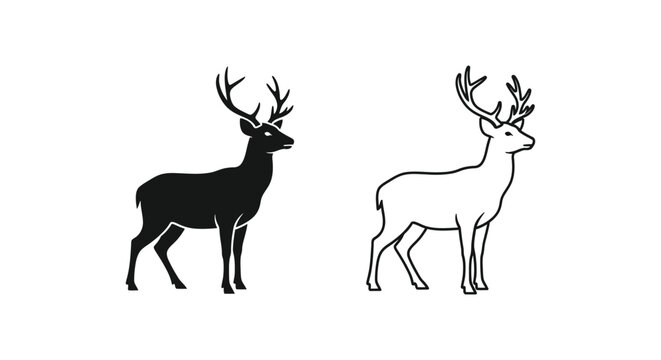 Deer icons, black and white deer silhouettes, stag illustrations, vector graphics