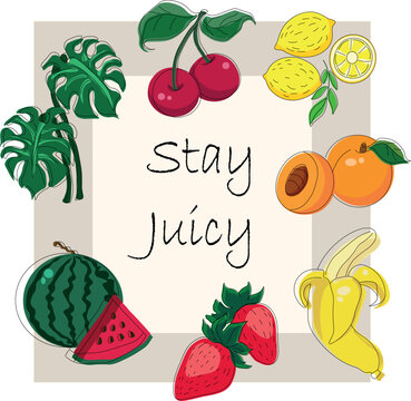 Minimalist vector fruit and vegetable sticker set with "Stay Juicy" lettering 
Fresh summer food icons in flat style: watermelon, banana, cherry, apricot, strawberry and lemon 