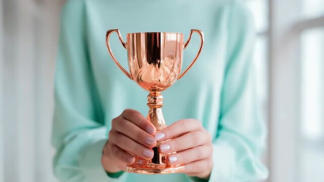 Female caucasian adult holding trophy cup in teal sweater closeup celebrating achievement and victory with hands on shiny copper award