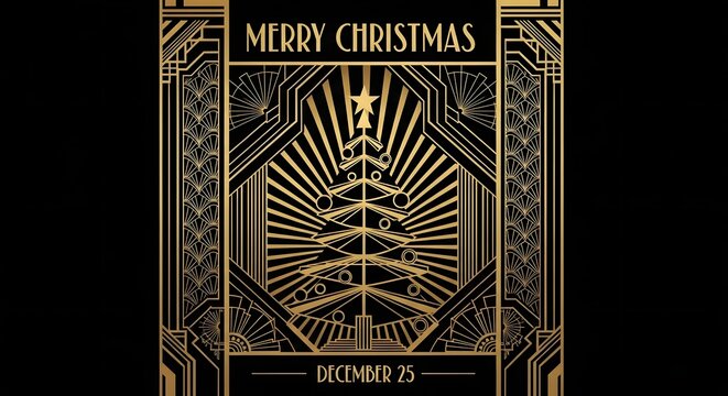 Art Deco Merry Christmas greeting card, vintage gold geometric Christmas tree on black background, 1920s Great Gatsby style holiday invitation