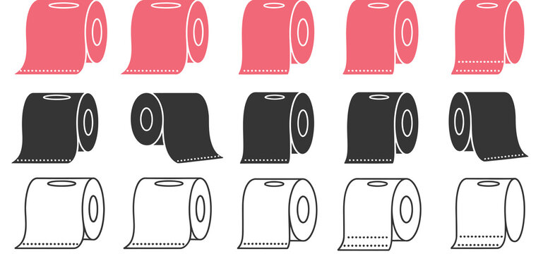 Roll, toilet paper vector icon collection with tissue roll and tear variations, representing hygiene, cleaning, and bathroom essentials, clean modern flat design