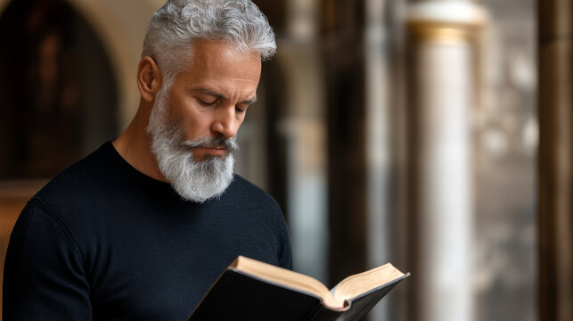 Mature man with distinguished grey beard and mustache reading an old book indoors