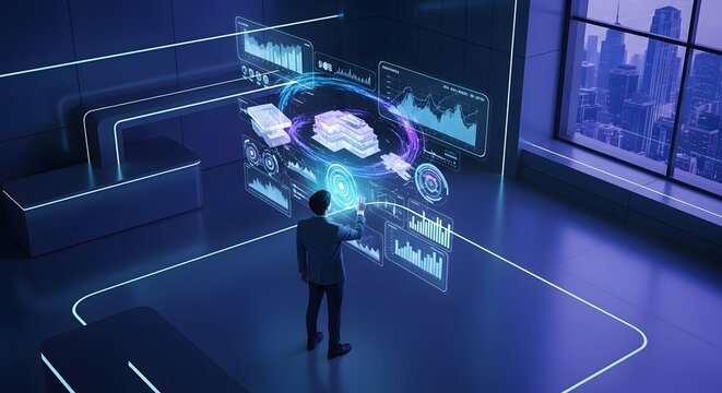 Futuristic digital twin technology, businessman analyzing holographic building model and data charts, smart city architecture visualization in dark office