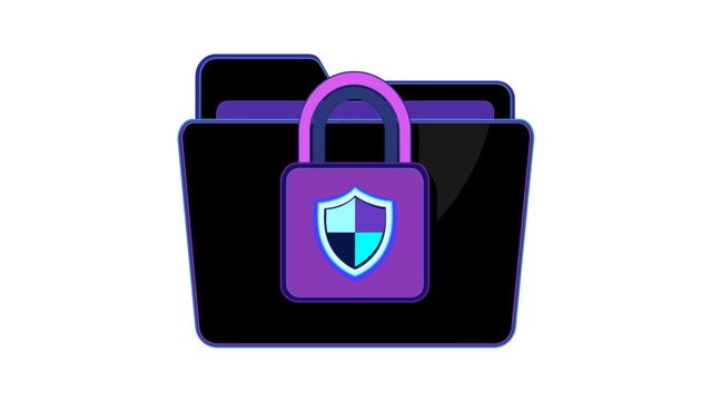 High-quality vector illustration of a black digital folder secured by a glowing purple and blue padlock with a shield icon, representing cyber security, data privacy, and encrypted storage.