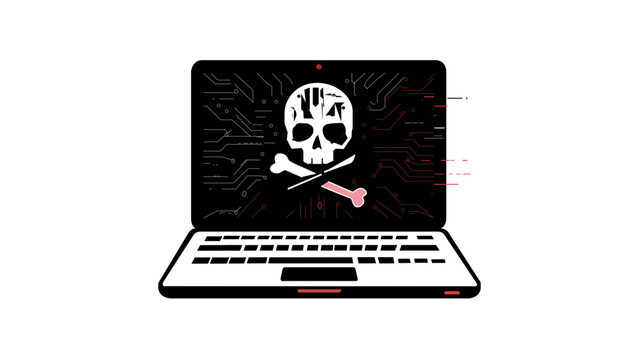 Professional cyber security vector illustration of a laptop with a skull and crossbones on the screen, symbolizing a hacker attack, malware infection, data breach, and digital piracy icon.