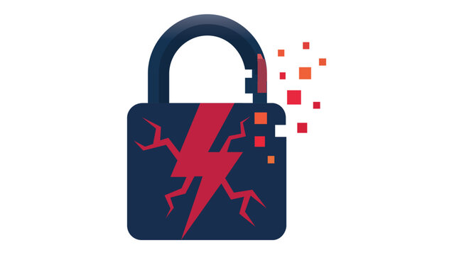 Cyber security threat vector icon illustration featuring a broken padlock with a lightning bolt and pixelated shattering effect, representing a data breach, hacking attack, and digital vulnerability.