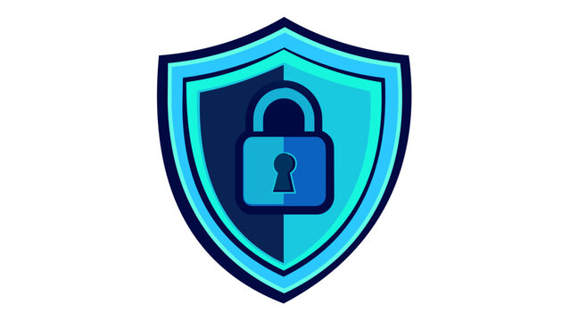 Professional cyber security vector icon illustration featuring a blue gradient protective shield with a secure padlock symbol, representing data protection, network safety, and digital privacy.