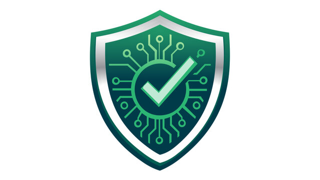 Green cyber security shield vector illustration with a checkmark and digital circuit board patterns, symbolizing data protection, network safety, secure technology, and internet privacy.