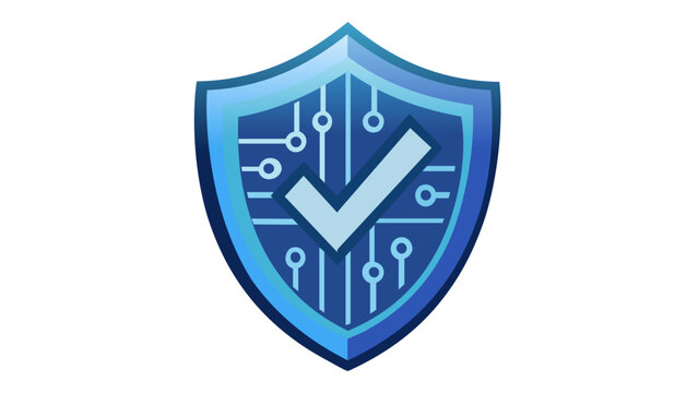 Blue cyber security shield vector icon illustration with circuit board pattern and checkmark for digital protection, data safety, network security audit, and information technology privacy.