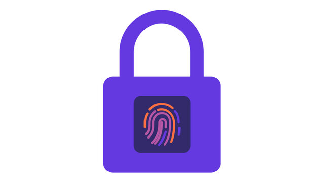 Vibrant gradient vector icon illustration of a padlock featuring a biometric fingerprint scanner for cyber security, data protection, digital privacy, and secure authentication systems.