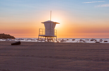 Golden morning view of the sandy beach of Tossa de Mar, Spain