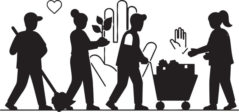 Community volunteers gardening and moving supplies silhouette icon