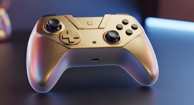 Luxury gold video game controller, high-end gaming accessory, ergonomic design, detailed buttons and joysticks, gaming equipment, electronic entertainment, sophisticated aesthetic