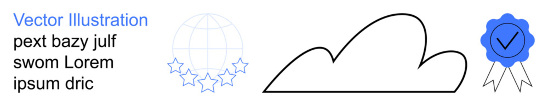 Data cloud, global technology, certification, connectivity, digital storage, secure networks. Minimalist cloud graphic with globe and certification badge. Data cloud and global technology concept