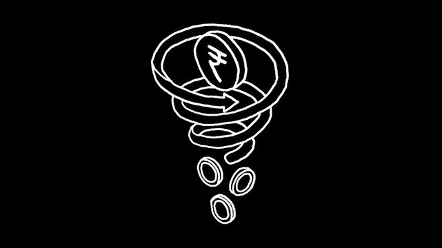 Line art of Indian rupee coin descending into a spiral showing financial loss 4k animated video, alpha transparent video