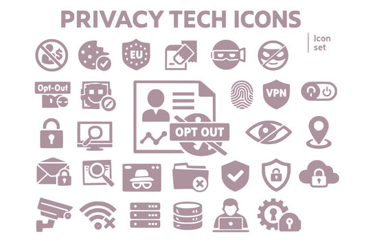 Privacy Tech Icon Set Data Broker Opt Out Cookie Consent GDPR Erasure Facial Recognition Opt Out Tracking Pixel Browser Fingerprint VPN Killswitch Vector