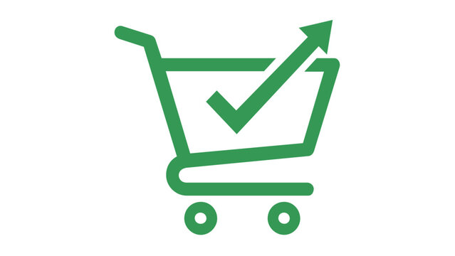 Green shopping cart vector icon with a checkmark arrow pointing up, representing successful checkout, sales growth, and ecommerce transaction completion in a flat minimalist illustration.