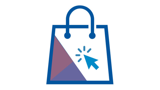 Online shopping bag vector icon illustration with a mouse cursor click symbol, featuring a vibrant red and blue gradient design, perfect for ecommerce websites and digital retail apps.