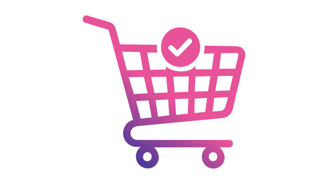 Modern purple and pink gradient vector icon illustration of a shopping cart with a checkmark symbol, representing a successful online purchase, ecommerce transaction, and digital receipt.