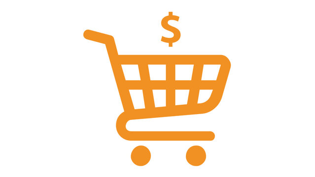 Orange minimalist vector icon illustration of a shopping cart with a dollar sign symbol, representing ecommerce checkout process, online retail store, digital payment, and commercial business.