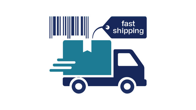 Fast shipping delivery truck vector icon with cardboard box, barcode, and tag label. Minimalist flat illustration for e-commerce logistics, express courier service, and global distribution.