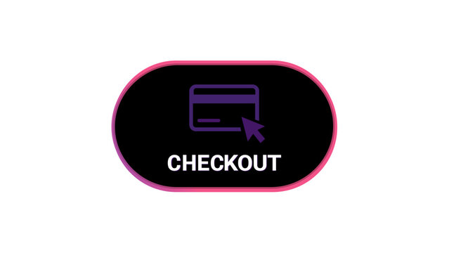 Modern vector icon illustration of a stylish checkout button for ecommerce stores, featuring a purple credit card graphic and cursor arrow on a black oval with a vibrant neon gradient border.