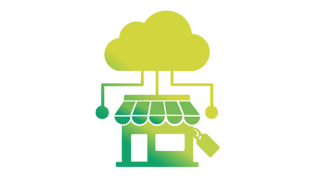 Scalable vector icon of a cloud-connected storefront with a price tag, representing digital ecommerce, online retail solutions, cloud computing for business, and modern shopping technology.