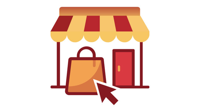 Online store vector icon illustration with a red and yellow striped awning storefront, shopping bag, and mouse cursor, representing e-commerce, digital retail, internet shopping, and business.