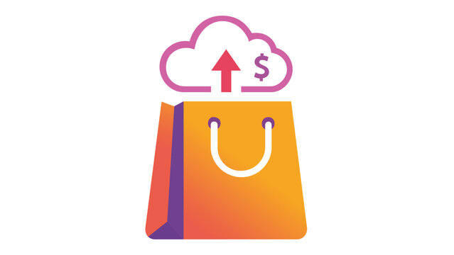 Colorful vector illustration of an ecommerce shopping bag icon with a cloud, upward arrow, and dollar sign, representing online store growth, cloud commerce, sales increase, and digital retail.