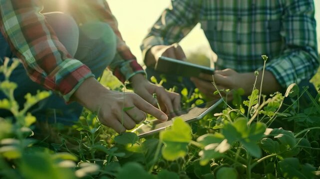 Two individuals working together to harvest vegetables from a lush garden.