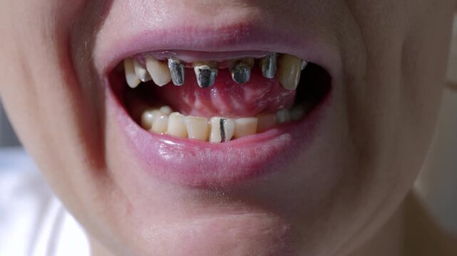 Woman showing dental post and core restoration. Close-up of a woman's smile revealing teeth prepared for dental crowns, showing the metal post and core buildup procedure for restoring damaged teeth