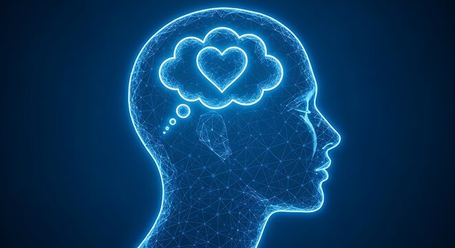 A glowing, digital outline of a human head with a thought bubble featuring a heart shape