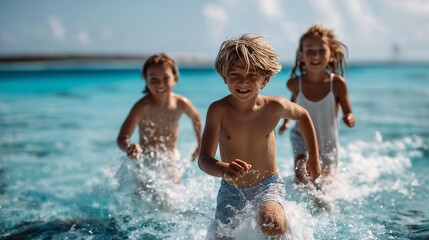 Fototapeta premium Children joyfully splashing in clear ocean water under bright sun, tropical vibe, faceless framing, turquoise tones, defocused horizon, with copy space