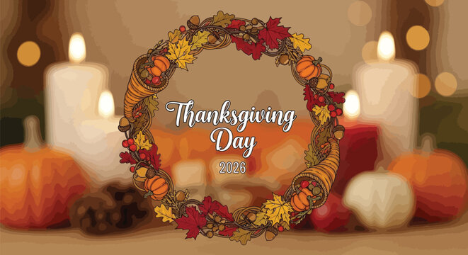 Thanksgiving Day greeting card with autumn wreath, festive fall background with pumpkins and candles, seasonal holiday banner with cornucopia