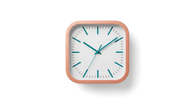 A modern square clock with a peach frame and teal hands