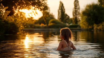 Fototapeta premium Young girl swimming in lake during sunset, golden hour reflections, peaceful summer mood, faceless composition, with copy space