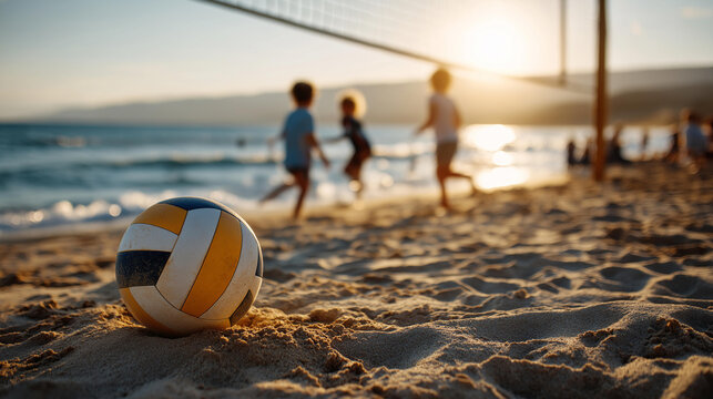 Volleyball resting on sandy beach while kids play game near ocean, action blur, summer sports concept, faceless figures, bright sunlight, with copy space