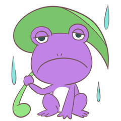 Fototapeta premium Sad Purple Frog Cartoon Character Holding Leaf Umbrella in Rain
