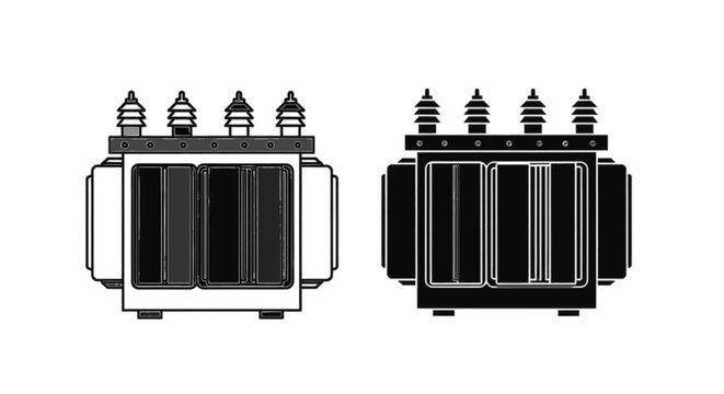 Vector illustration of electric power transformer icon set, high voltage equipment on a transparent background