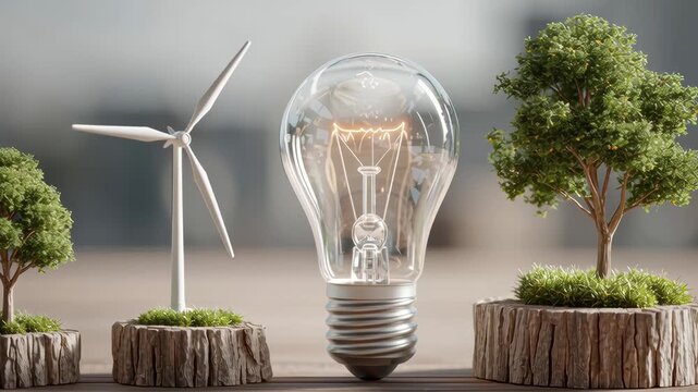 Discovering renewable energy with wind turbines and light bulbs among green trees in a modern city setting