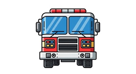 Fototapeta premium Front-facing cartoon illustration of a firetruck, red with white top, on a white background